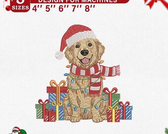 Diseño de bordado de perro navideño, archivo de bordado a máquina de Golden Retriever Santa Claus, patrón de punto de cachorro con luces navideñas, regalo festivo para decoración de perro