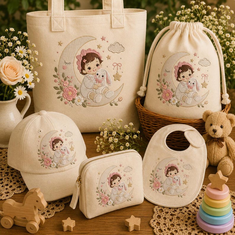 May include: A collection of off-white fabric items including a tote bag, a drawstring pouch, a baseball cap, a zippered pouch, and a baby bib. Each piece features an embroidered design of a child sitting on a crescent moon with a rabbit.