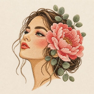 May include: An embroidery design featuring the profile of a person with brown hair, adorned with a large pink peony flower and small green leaves. The artwork uses detailed stitching to depict facial features, hair strands, and floral textures.