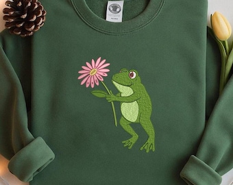 Diseño de bordado de rana con flor, archivo de bordado a máquina de rana kawaii, patrón de bordado de animales de primavera, puntada floral de rana