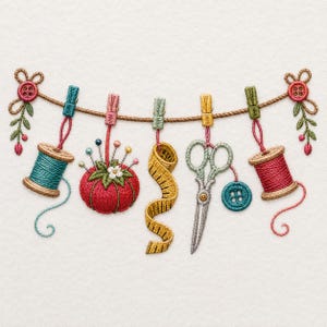 Sewing Tools Garland Machine Embroidery File, Thread Spool Scissors Pincushion Stitch Design, Sewing Room Pattern