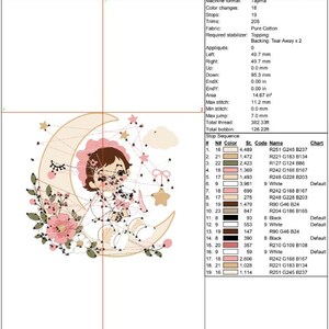 May include: A production worksheet for an embroidery design featuring a child sitting on a crescent moon. The graphic includes pink flowers, a star, and a cloud. The document displays technical specifications, including a height of 3.75 inches.