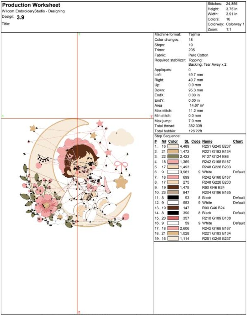 May include: A production worksheet for an embroidery design featuring a child sitting on a crescent moon. The graphic includes pink flowers, a star, and a cloud. The document displays technical specifications, including a height of 3.75 inches.