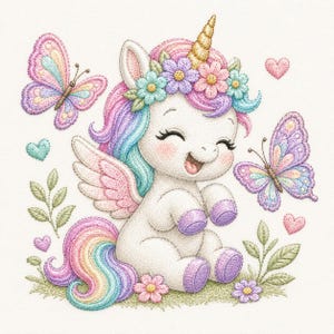 May include: An embroidered illustration of a white unicorn with a golden horn, rainbow mane and tail, and wings. The unicorn wears a floral crown and is surrounded by two colorful butterflies, small green leafy sprigs, and pink and teal hearts.