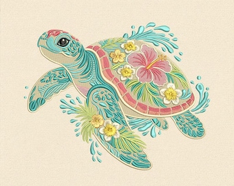 Diseño de bordado floral de tortuga marina, patrón de bordado a máquina de tortuga tropical, archivo de bordado de flores de animales del océano