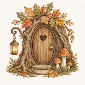 Puede incluir: Una puerta ovalada de madera con un recorte en forma de corazón y un pomo redondo está incrustada en un tronco de árbol. La puerta está rodeada de hojas de otoño, tres setas con manchas y dos escalones de piedra. Un farol brilla a la izquierda.