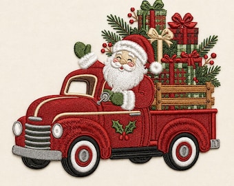 Santa Red Truck Machine Embroidery File, Christmas Gifts Vintage Pickup Holiday Design for Sweatshirt Tote