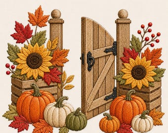 Open Farm Gate Pumpkin Machine Embroidery File, Sunflower Autumn Garden Harvest Design