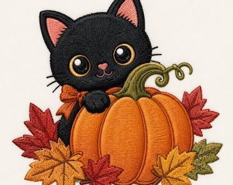 Black Cat Pumpkin Machine Embroidery File, Autumn Leaves Design (Digital Download)