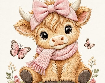 Highland Cow Embroidery Design, Pink Bow Farm Animal Machine File (Digital Download)