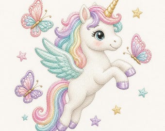 Flying Unicorn Embroidery Design, Pastel Pegasus With Butterflies (Digital File)