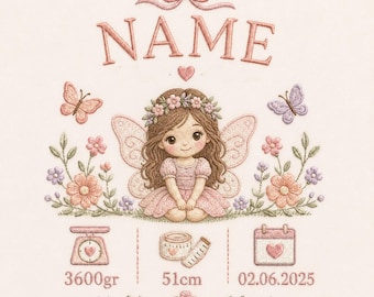 Custom Fairy Birth Stats Embroidery Design, Baby Girl Name Keepsake, Personalized Machine Embroidery File