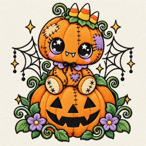 May include: An embroidered design featuring a stitched pumpkin character with large black eyes and white star highlights, sitting atop a large jack-o'-lantern. The character wears candy corn on its head, surrounded by spiderwebs, green vines, and purple flowers.