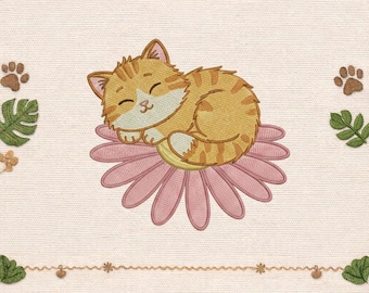 Diseño de bordado de gato durmiendo, lindo gato bordado a máquina, archivo de bordado de gatito sobre flor, patrón de bordado de gato floral