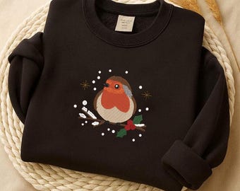 Bordado de petirrojo con copos de nieve, diseño de pájaro navideño, bordado navideño, pájaro de invierno, diseño festivo, arte para un día nevado