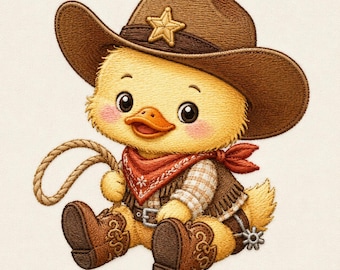 May include: An embroidered patch featuring a yellow duckling wearing a brown cowboy hat with a star, a red bandana, a plaid shirt, a brown vest, and brown cowboy boots with spurs, while holding a coiled lasso rope in its right wing.