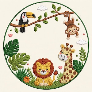 May include: A circular embroidery design featuring a toucan on a branch, a hanging monkey, a seated lion, and a giraffe. The scene includes green tropical leaves, small pink hearts, and white clouds, all enclosed within a dark green circular border.