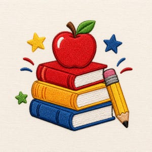 May include: An embroidered design featuring a stack of three books in red, yellow, and blue, topped with a bright red apple with a green leaf. A yellow pencil with a pink eraser sits beside the books, surrounded by small yellow, blue, and green stars.