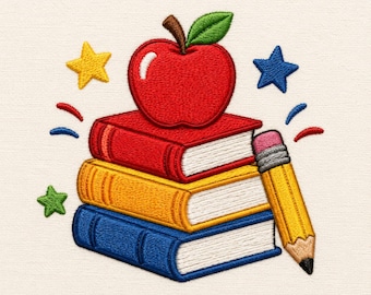 Books Apple Pencil Machine Embroidery File, Back to School Teacher Kids Embroidery Design