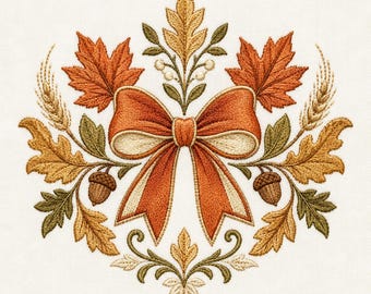 May include: An intricate machine embroidery design featuring a central orange and cream ribbon bow surrounded by autumn foliage including maple leaves, oak leaves, wheat stalks, and two acorns in shades of orange, gold, brown, and olive green.