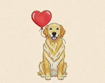 Diseño de bordado de golden retriever, archivo de bordado a máquina de perro con globo de corazón, punto de perro de San Valentín, arte para amantes de las mascotas