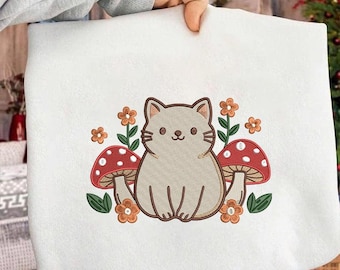 Diseño de bordado de gato lindo / Gato del bosque con hongos / Estilo cottagecore floral / Arte animal kawaii / Archivo de bordado a máquina de moda