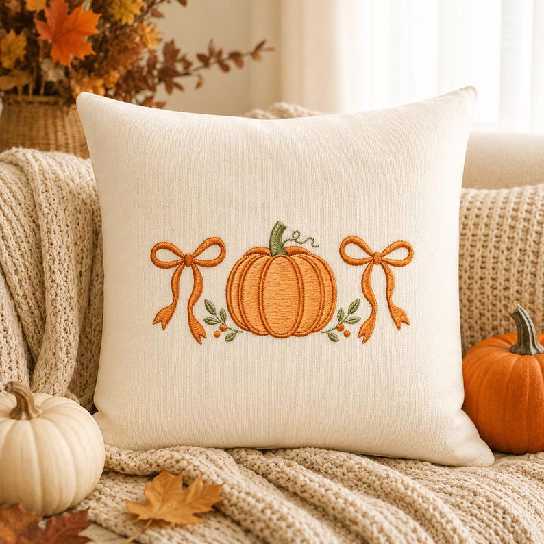 May include: A square off-white throw pillow featuring centered embroidery of an orange pumpkin flanked by two orange bows and small green leafy sprigs. The design is stitched in a simple, clean style on a textured, light-colored fabric cover.