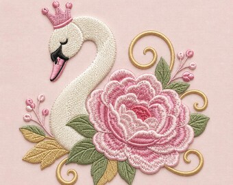 Princess Swan Embroidery Design, Pink Floral Crown, Baby Girl Machine Embroidery File (Digital Download)