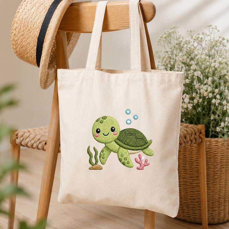May include: A cream-colored tote bag with a green turtle design. The turtle has a smiling face, a patterned shell, and is surrounded by seaweed, coral, and bubbles. A straw hat hangs on a wooden chair behind the bag.