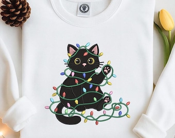 Christmas Cat Embroidery Design | Holiday Lights Machine Embroidery File