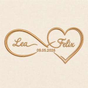Pode incluir: Design bordado a ouro com os nomes "Lea" e "Felix" entrelaçados num símbolo de infinito e um coração. A data "09.05.2026" também está incluída. O fundo é de cor creme.