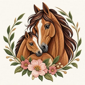 Mare and Foal Floral Machine Embroidery File, Mother Baby Horse Design, Botanical Equine Pattern