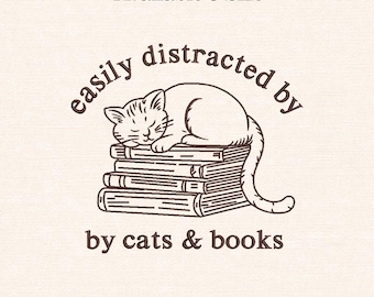 Diseño de bordado "Fácilmente distraído por gatos y libros", archivo de bordado a máquina "Gato durmiendo amante de los libros", puntada de lectura acogedora