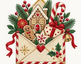 Christmas Envelope Machine Embroidery File, Gingerbread House Candy Cane Gift Holly Holiday Mail Embroidery Design