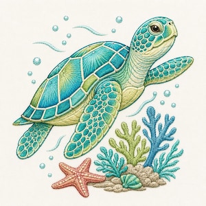 Sea Turtle Reef Embroidery Design, Ocean Coral Machine Embroidery File, PES DST EXP