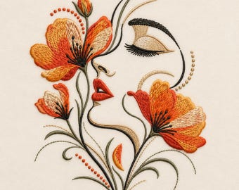 Abstract Floral Woman Face Embroidery Design, Modern Line Art Flower Portrait (Digital Download)