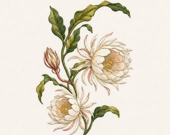 White Epiphyllum Flower Embroidery Design, Botanical Bloom Machine Embroidery File, Floral Branch 5 Sizes