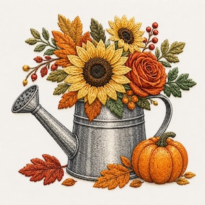 May include: An embroidered design featuring a silver metal watering can filled with yellow sunflowers, an orange rose, green leaves, and red berries. A small orange pumpkin sits at the base of the watering can, surrounded by fallen autumn leaves.