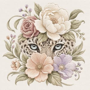 Floral Leopard Embroidery Design, Vintage Flowers, Botanical Art (Digital File)