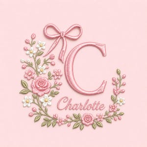 Pode incluir: Um design bordado com uma letra C grande cor-de-rosa, um laço de fita rosa e o nome Charlotte em letra cursiva. A letra e o nome são rodeados por uma coroa de flores composta por rosas cor-de-rosa, pequenas flores brancas e folhas verdes.