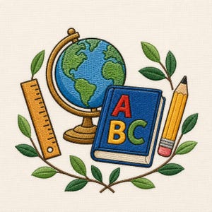 Peut inclure: Un motif de broderie représentant un globe bleu sur un support marron, un livre bleu avec les lettres ABC en rouge, jaune et vert sur la couverture, un crayon jaune et une règle beige, encadrés par des feuilles vertes sur un tissu blanc.