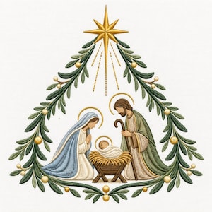 Könnte beinhalten: Ein Stickmotiv, das eine Krippenszene mit Maria, Josef und dem Jesuskind in einer Krippe zeigt. Sie sind von einem dreieckigen Kranz aus grünen Blättern und kleinen goldenen Beeren umrahmt, gekrönt von einem großen, strahlenden goldenen Stern.