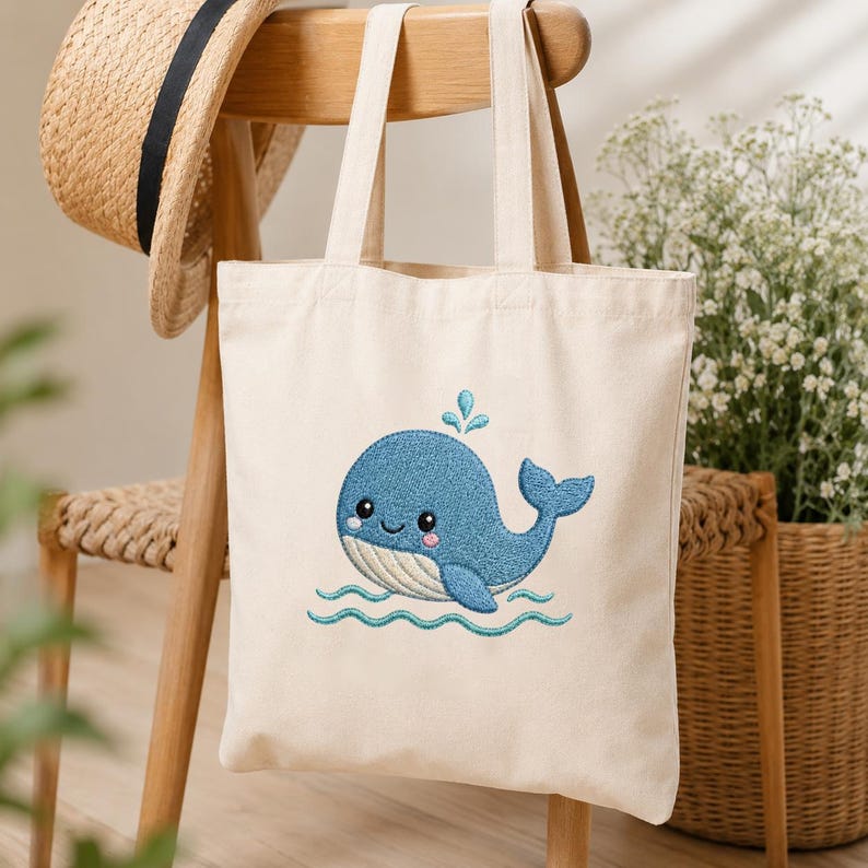 May include: A cream-colored tote bag with a blue embroidered whale design. The whale has a smiling face and a water spout. The bag is hanging on a wooden chair with a straw hat.