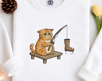 Diseño de bordado de gato pescando divertido / Caricatura de gato gruñón lindo / Bordado de animales de moda / Arte humorístico de gatos / Archivo de bordado a máquina