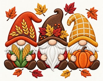 Fall Gnomes Machine Embroidery File, Thanksgiving Pumpkin Corn Autumn Leaves Gnome Embroidery Design