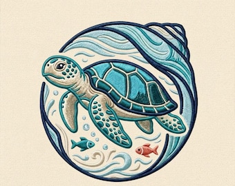 Diseño de bordado de tortuga marina, archivo de bordado a máquina de vida marina con conchas marinas