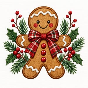 May include: An embroidered gingerbread person patch featuring a red and green plaid bow, white icing details, and three red buttons. The figure is framed by green pine needles, holly leaves, and clusters of small red berries on both sides.