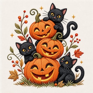 May include: An embroidered illustration featuring three orange jack-o'-lanterns stacked vertically, surrounded by three black cats with yellow eyes. The design includes autumn leaves, red berries, and small yellow stars on a cream background.