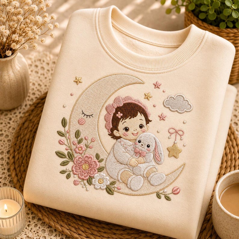 Baby Girl Moon Bunny Embroidery Design, Nursery Machine Digital File (PES DST EXP) image 2