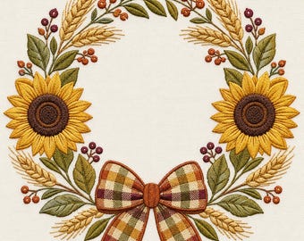 Sunflower Plaid Bow Wreath Machine Embroidery File, Rustic Fall Floral Monogram Frame Design